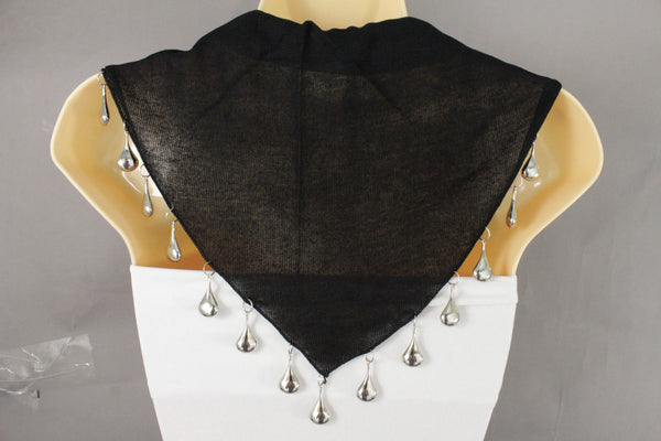 Black Gray Scarf Necklace Short Fabric Neck Multi Silver Drops Beads Solid Women Fashion Accessories