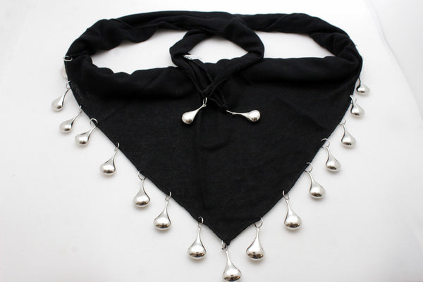 Black Gray Scarf Necklace Short Fabric Neck Multi Silver Drops Beads Solid Women Fashion Accessories