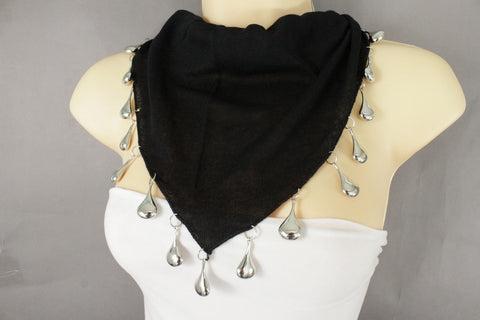 Black Gray Scarf Necklace Short Fabric Neck Multi Silver Drops Beads Solid Women Fashion Accessories