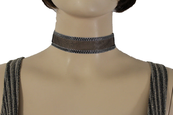 Brown Black Mesh Fabric Bans Sexy Hot Gold Metal Chain Choker Necklace New Women Fashion Accessories