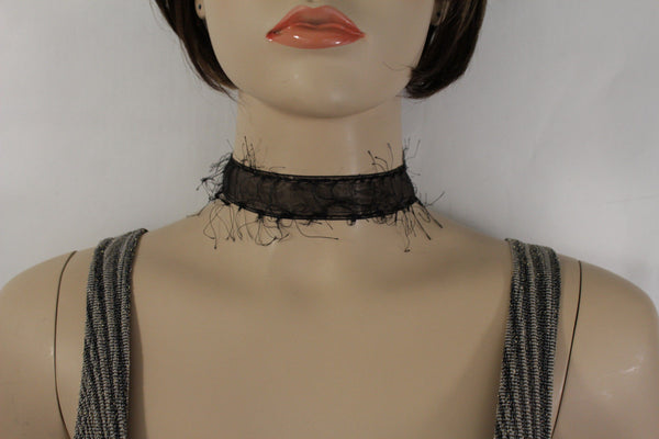 Black Narrow Fabric Fringes Short Gothic Punk Choker Necklace New Women Unique Accessories