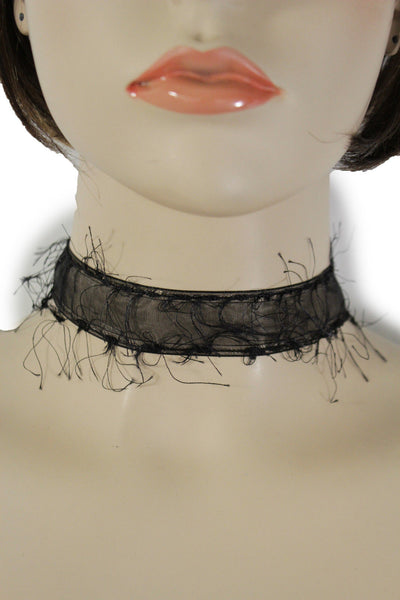 Black Narrow Fabric Fringes Short Gothic Punk Choker Necklace New Women Unique Accessories