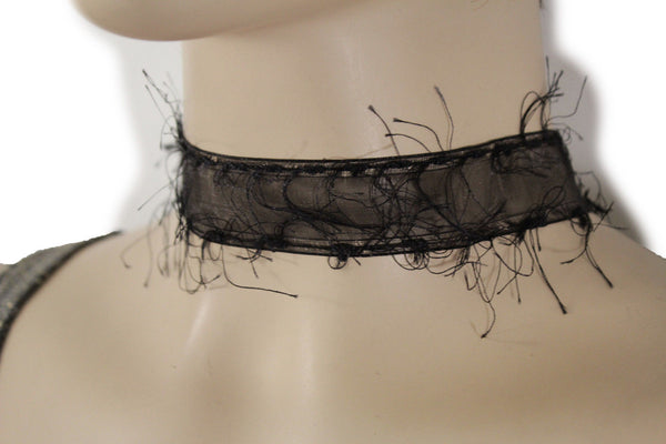 Black Narrow Fabric Fringes Short Gothic Punk Choker Necklace New Women Unique Accessories