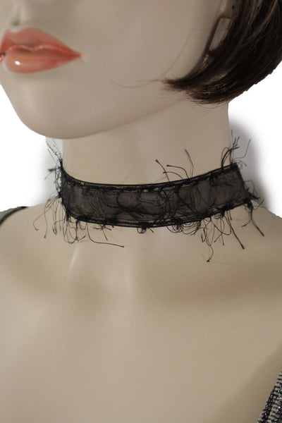 Black Narrow Fabric Fringes Short Gothic Punk Choker Necklace New Women Unique Accessories