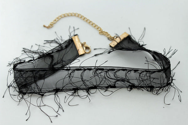 Black Narrow Fabric Fringes Short Gothic Punk Choker Necklace New Women Unique Accessories