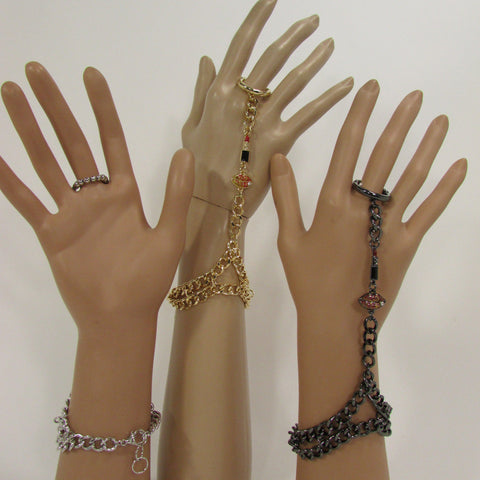 Black Silver Gold Metal Hand Chain Connected Bracelet Finger Slave Ring Body Lipstick Kiss Lips New Women Trendy Fashion Accessories