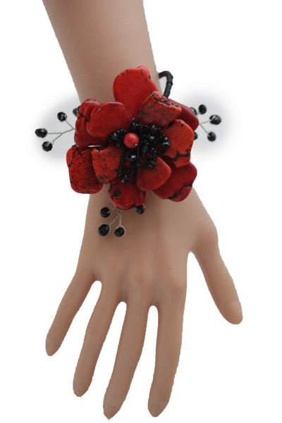 Blue Black Turquoise Red White Black Beads Bracelet Cuff Flower Charm Women Accessories