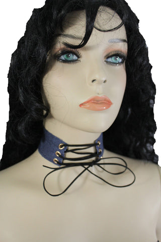 Dark Blue Metallic Rose Gold Pastel Pink Animal Print Leopard Brown Wide Denim Fabric Corset Long Tie Choker Necklace New Women Accessories