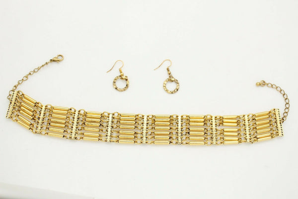 Bohemian Gold Metal Choker Necklace + Earrings New Women Fashion Accessories Jewelry