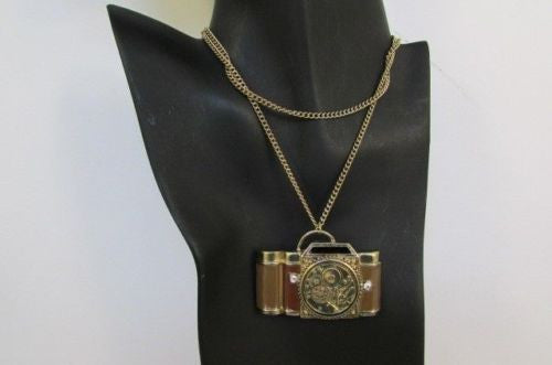 Brown Red Orange Long Rusty Gold Collector Camera Old Fashion Necklace New Women Accessories