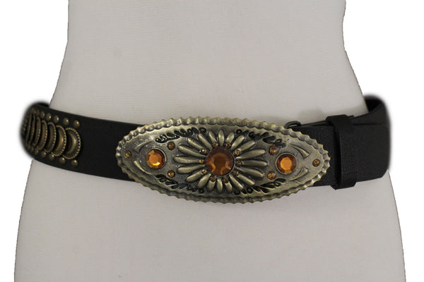 Cool Black Faux Leather Belt Women Fashion Antique Gold Metal Buckle Charms M L