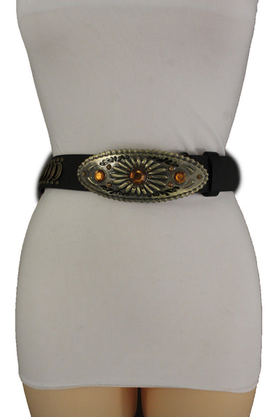 Cool Black Faux Leather Belt Women Fashion Antique Gold Metal Buckle Charms M L