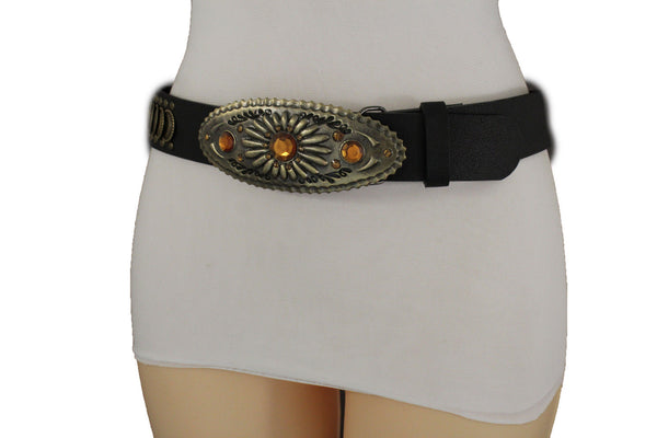 Cool Black Faux Leather Belt Women Fashion Antique Gold Metal Buckle Charms M L