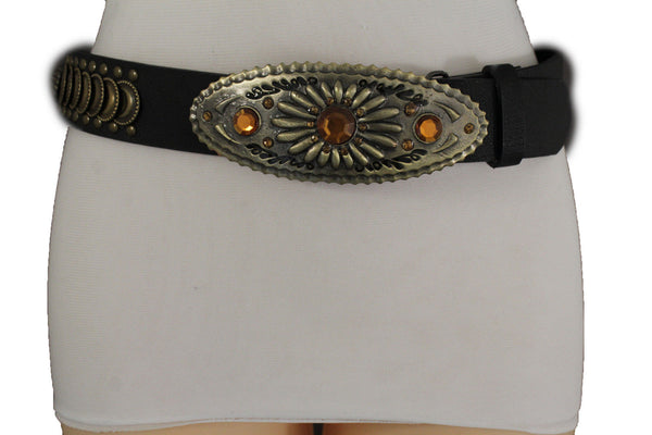 Cool Black Faux Leather Belt Women Fashion Antique Gold Metal Buckle Charms M L