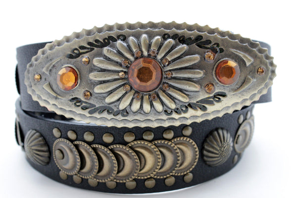 Cool Black Faux Leather Belt Women Fashion Antique Gold Metal Buckle Charms M L