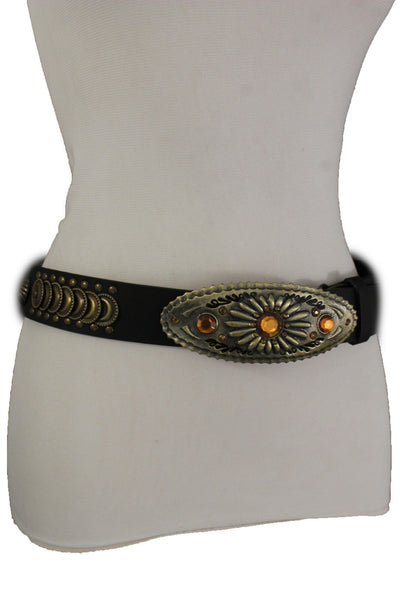 Cool Black Faux Leather Belt Women Fashion Antique Gold Metal Buckle Charms M L