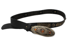 Cool Black Faux Leather Belt Antique Gold Metal Buckle Charms M L