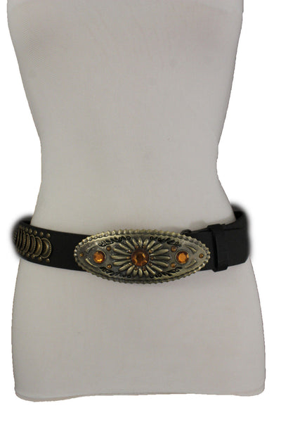 Cool Black Faux Leather Belt Women Fashion Antique Gold Metal Buckle Charms M L