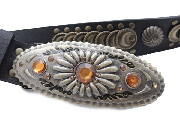 Cool Black Faux Leather Belt Women Fashion Antique Gold Metal Buckle Charms M L