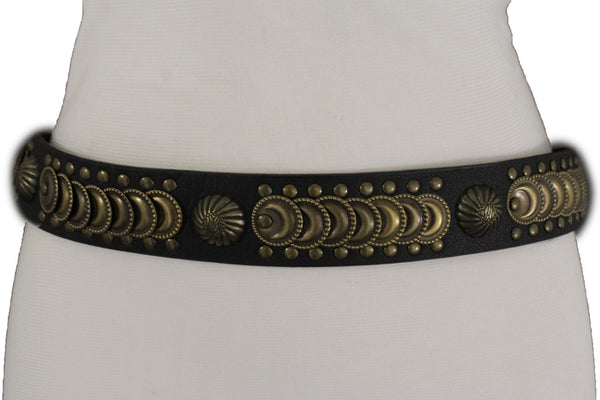 Cool Black Faux Leather Belt Women Fashion Antique Gold Metal Buckle Charms M L