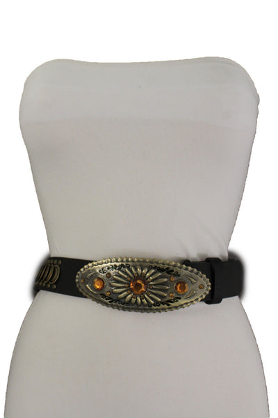 Cool Black Faux Leather Belt Women Fashion Antique Gold Metal Buckle Charms M L