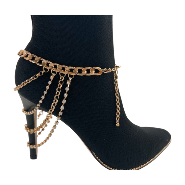 Brand New Women Gold Metal Boot Chain Bracelet Anklet Shoe Multi Strand Back Charm Jewelry One Size