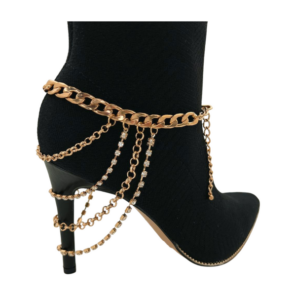 Brand New Women Gold Metal Boot Chain Bracelet Anklet Shoe Multi Strand Back Charm Jewelry One Size