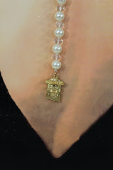 Imitation Pearl Beads Metal Chain Gold Jesus Christ Face Back Pendant Necklace