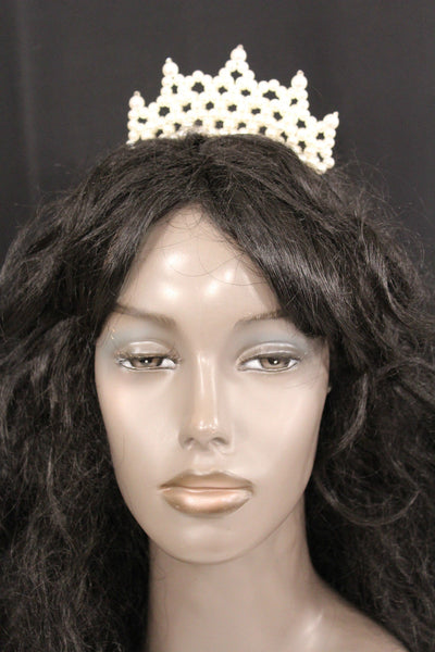 Cream Imitation Pearls Black Headband Crown Princess Queen New Women Fashion Accessories