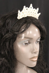 Cream Imitation Pearls Black Headband Crown Princess Queen