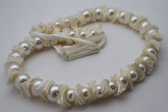 Cream Dark Gray Fabric Big Imitation Pearl Bead Classic Long Necklace