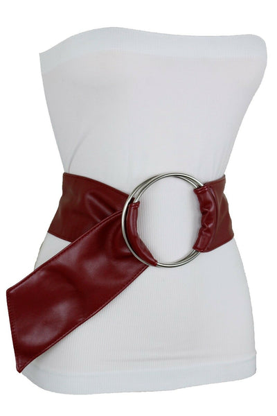 Cute Women Dark Red Wine Burgundy Wide Fabric Band Belt Silver Ring Buckle S M L
