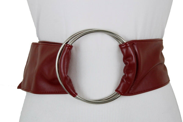 Cute Women Dark Red Wine Burgundy Wide Fabric Band Belt Silver Ring Buckle S M L