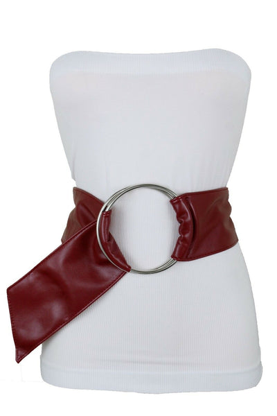 Cute Women Dark Red Wine Burgundy Wide Fabric Band Belt Silver Ring Buckle S M L