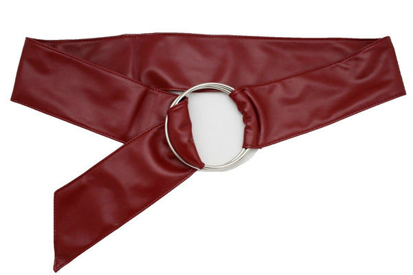 Cute Women Dark Red Wine Burgundy Wide Fabric Band Belt Silver Ring Buckle S M L
