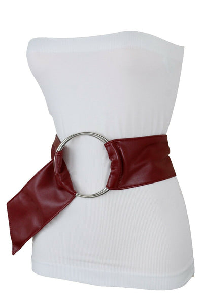 Cute Women Dark Red Wine Burgundy Wide Fabric Band Belt Silver Ring Buckle S M L