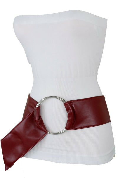 Cute Women Dark Red Wine Burgundy Wide Fabric Band Belt Silver Ring Buckle S M L
