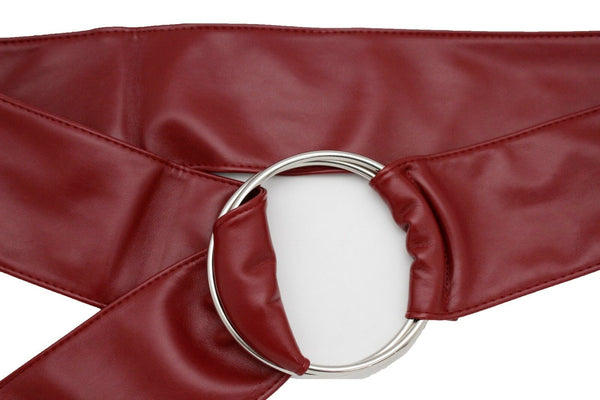 Cute Women Dark Red Wine Burgundy Wide Fabric Band Belt Silver Ring Buckle S M L