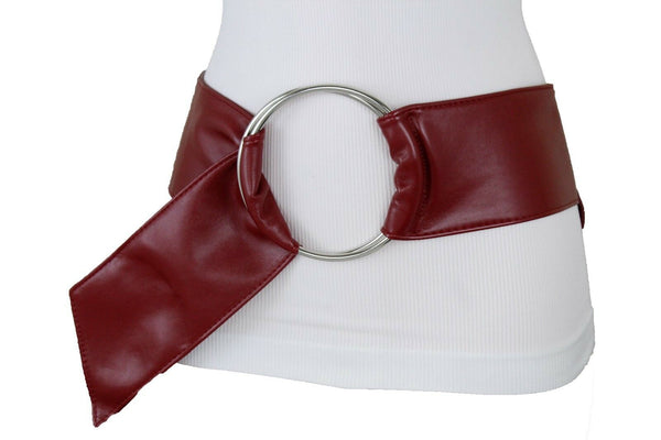 Cute Women Dark Red Wine Burgundy Wide Fabric Band Belt Silver Ring Buckle S M L