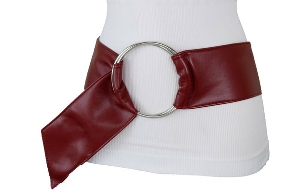 Cute Women Dark Red Wine Burgundy Wide Fabric Band Belt Silver Ring Buckle S M L