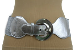 Silver Metal Round Big Buckle Elastic Fashion Belt Hip High Waist S M