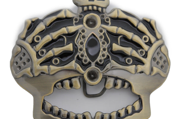Dark Gold Metal Skull Skeleton Bones Pirate King Crown Belt Buckle Halloween Men Women Accessories