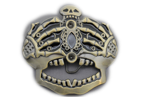 Dark Gold Metal Skull Skeleton Bones Pirate King Crown Belt Buckle Halloween Men Women Accessories