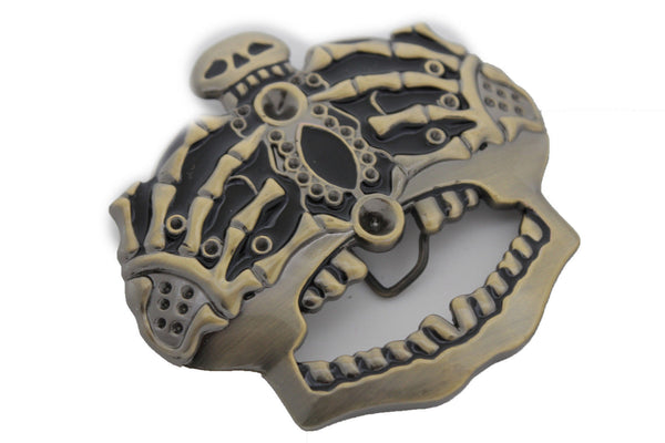 Dark Gold Metal Skull Skeleton Bones Pirate King Crown Belt Buckle Halloween Men Women Accessories