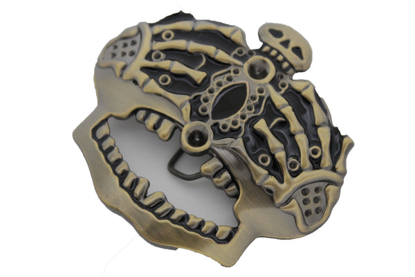 Dark Gold Metal Skull Skeleton Bones Pirate King Crown Belt Buckle Halloween Men Women Accessories