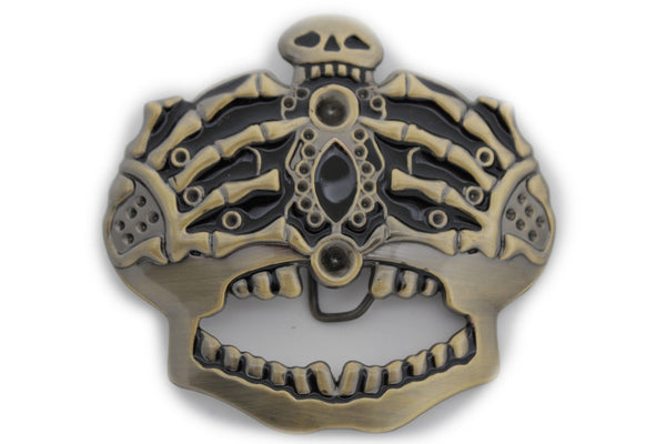 Dark Gold Metal Skull Skeleton Bones Pirate King Crown Belt Buckle Halloween Men Women Accessories