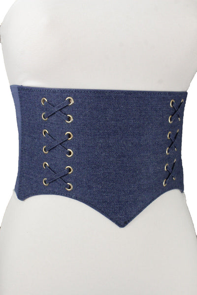 Denim Blue Black Wide Stretch Fabric High Waist Corset Belt New Women Accessories  S M
