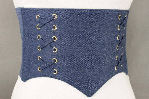 Denim Blue Black Wide Stretch Fabric High Waist Corset Belt New Women Accessories  S M