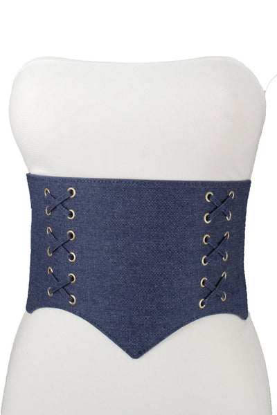 Denim Blue Black Wide Stretch Fabric High Waist Corset Belt New Women Accessories  S M