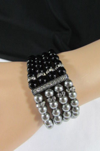 Black Cream / Pewter Black Imitation Pearl Beads Elastic Bracelet New Women Fashion Jewelry Accessories - alwaystyle4you - 15